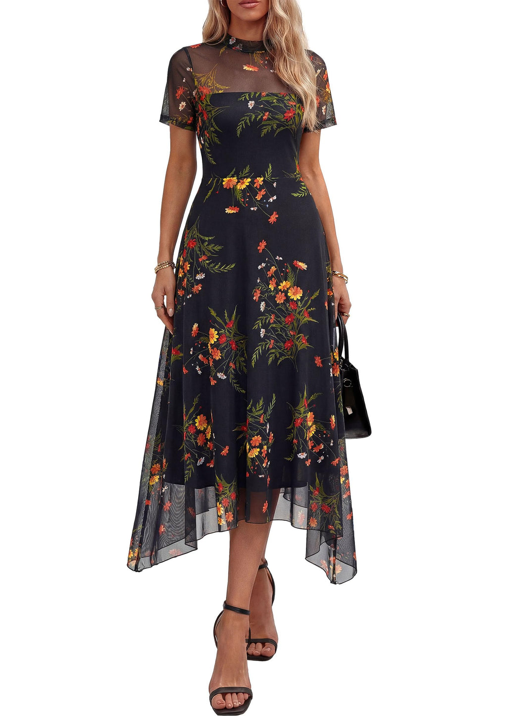 PRETTYGARDEN Cocktail Dresses for Women 2026 Summer Short Sleeve Floral Mesh Sheer Midi Party Wedding Guest Dress (Floral Black Yellow,Medium)