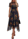PRETTYGARDEN Cocktail Dresses for Women 2026 Summer Short Sleeve Floral Mesh Sheer Midi Party Wedding Guest Dress (Floral Black Yellow,Medium)