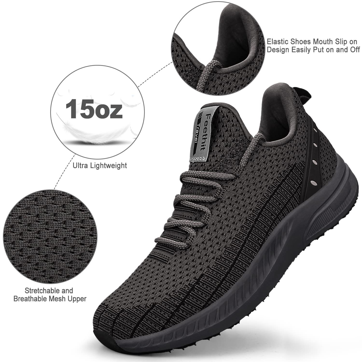 Feethit Mens Slip On Walking Shoes Blade Tennis Shoes Non Slip Running Shoes Lightweight Workout Shoes Breathable Mesh Fashion Sneakers Dark Grey Size 10.5