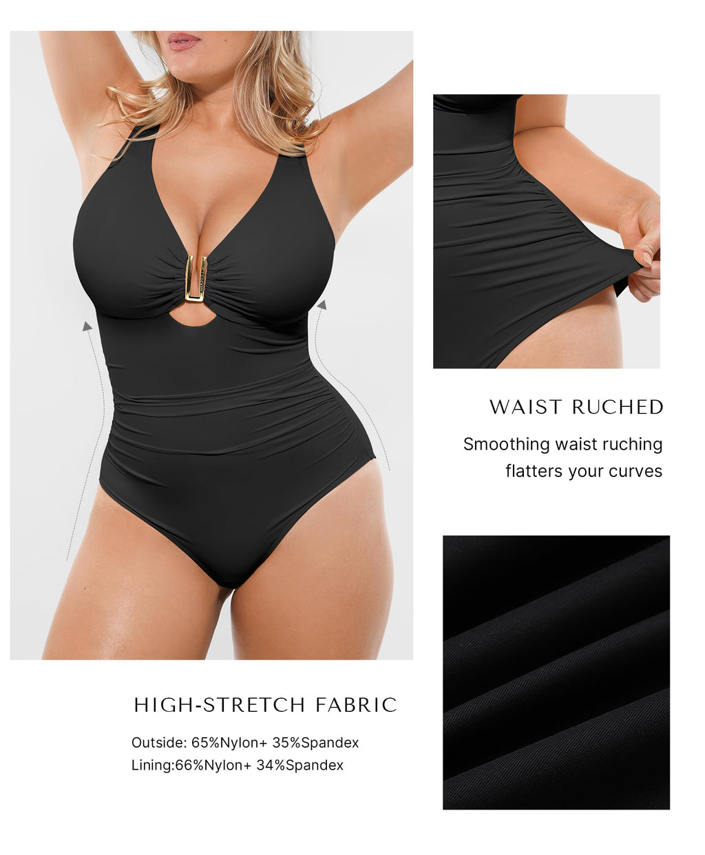 SHAPELLX Tummy Control Swimsuit for Women Ruched V Neck One Piece Bathing Suit Full Coverage Shapewear Swimsuits Black L