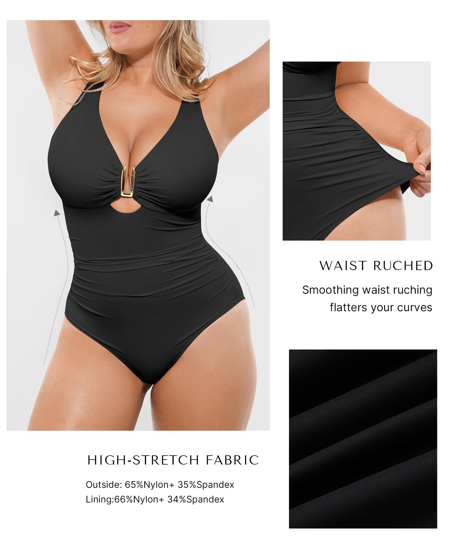 SHAPELLX Tummy Control Swimsuit for Women Ruched V Neck One Piece Bathing Suit Full Coverage Shapewear Swimsuits Black L