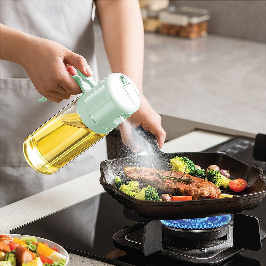 Glad 2 in 1 Oil Dispenser, 18.6oz/550ml - Olive Oil Sprayer for Cooking, Pouring Salad Dressing, and Grilling - Kitchen Gadget with Refillable Glass Bottle, Handle, and Mist or Pour Options - Green