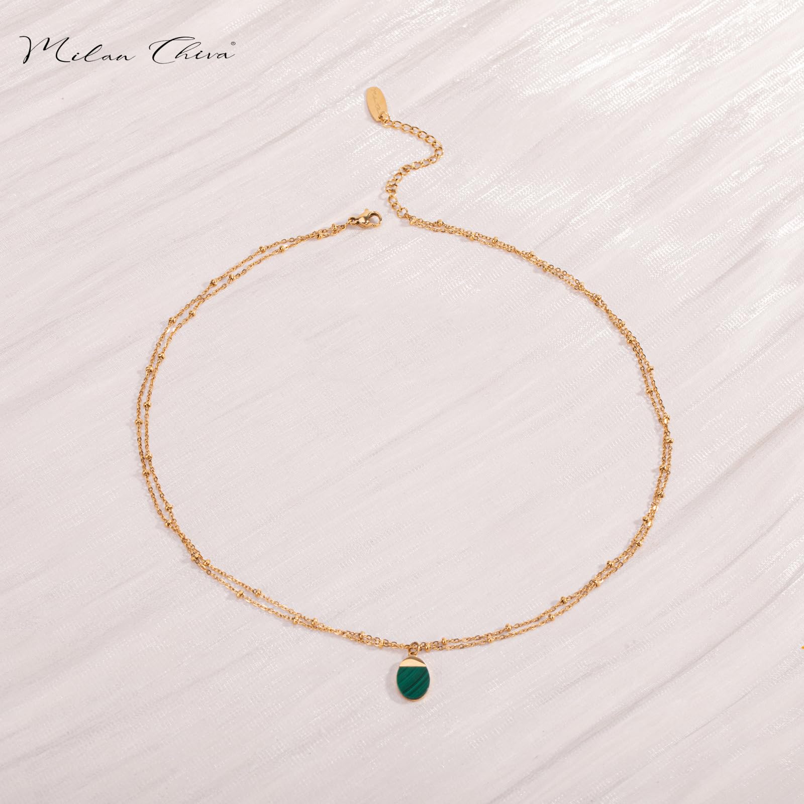 Milan Chiva 14K Gold Plated Green Malachite Layered Stacked Necklace for Women, Dainty Trendy Non Tarnish Oval Pendant Charm Necklaces Fashion Jewelry for Women Waterproof MNS-1009GN