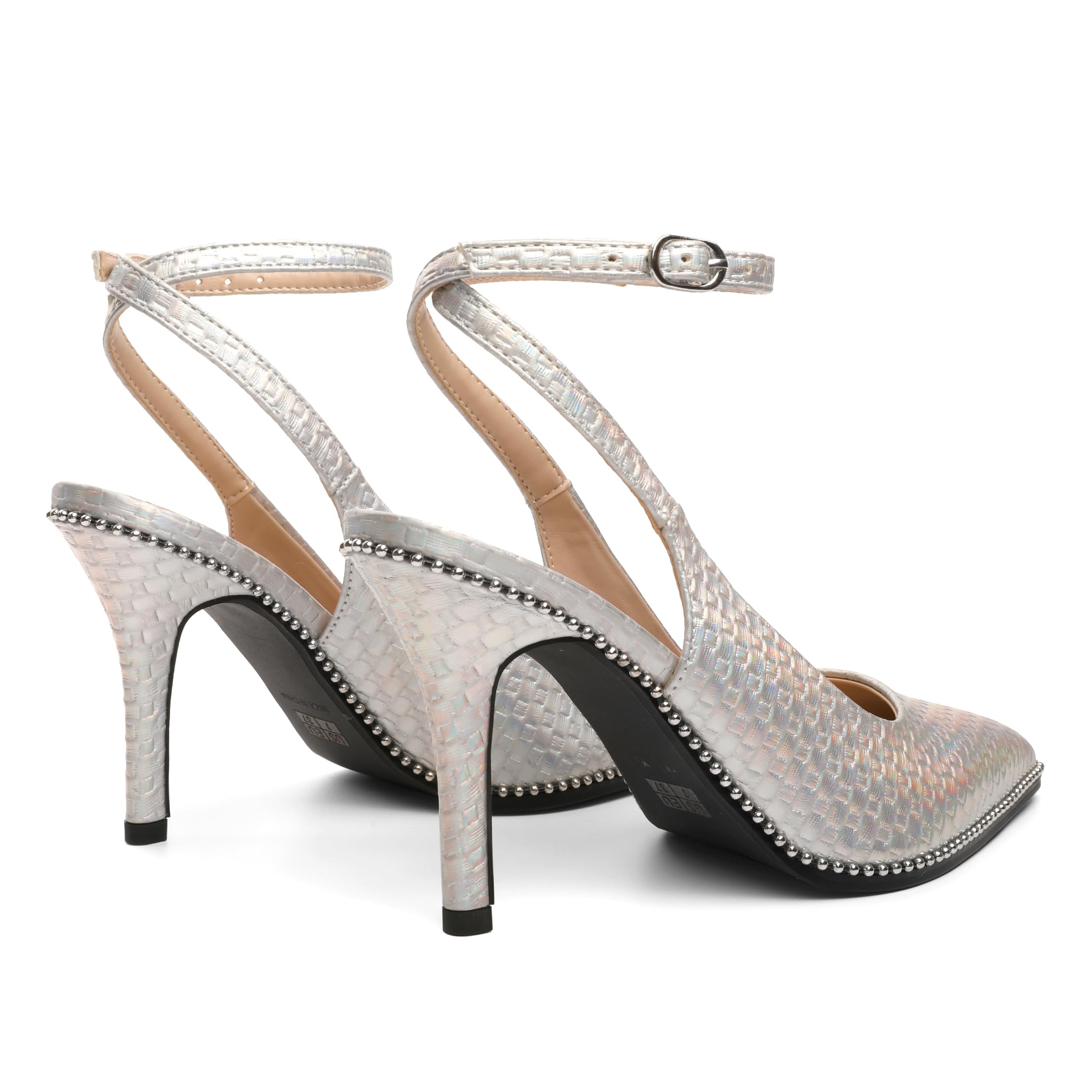 Soireelady Silver Ankle Strap Heels Beaded Slingback Pumps Pointed Toe Stilettos High Heels Dress Shoes 3.5 Inches Silver Sparkly US Size 8