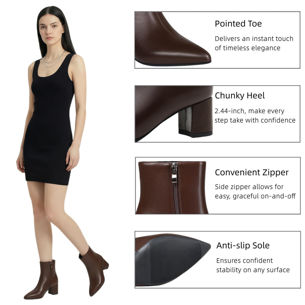Abbleet Women's Ankle Boots Pointed Toe Chunky Block Heel Short Boots for Women Low Heeled Booties（Brown,7）