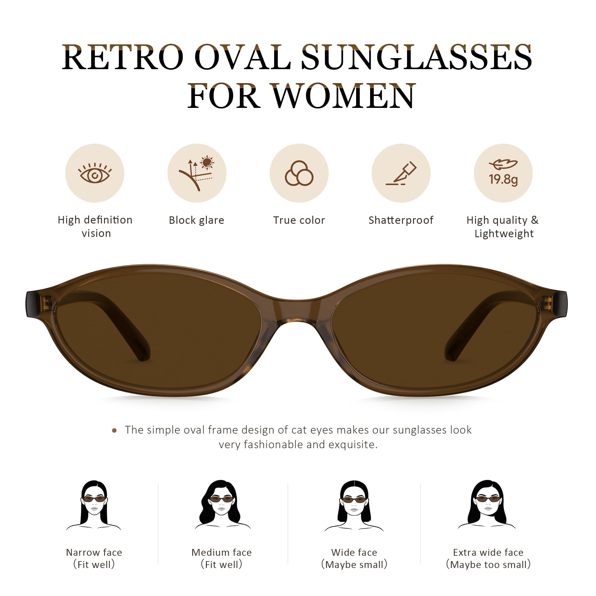 phikttu Sunglasses Womens Retro Oval Sunglasses for Women - Cat Eye 90s Glasses Y2K UV400 Lightweight Narrow Shades