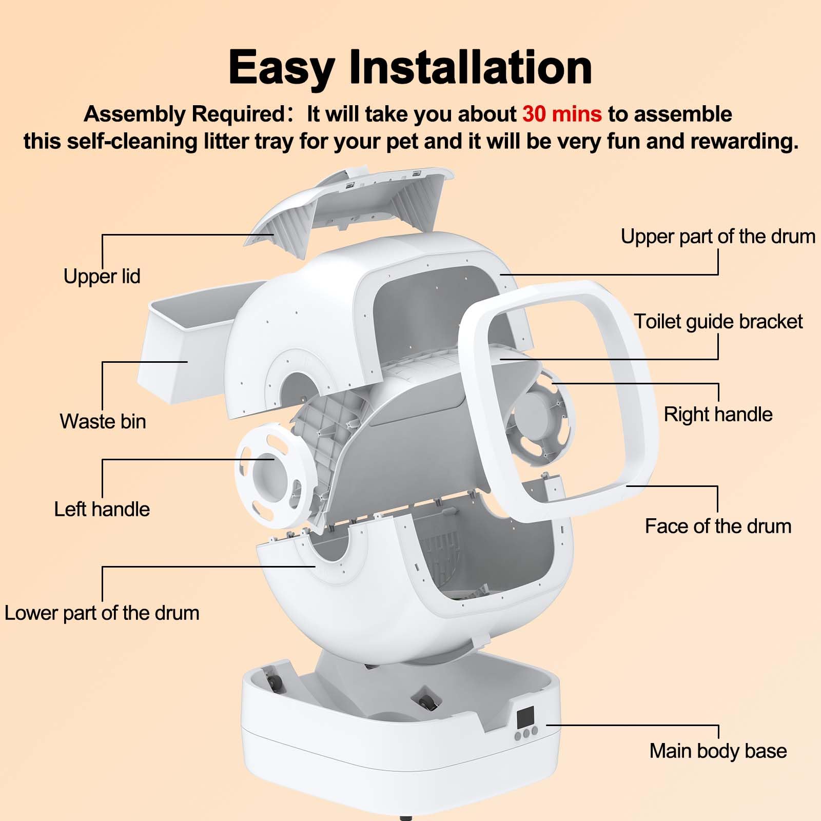 Mintakawa Automatic Cat Litter Box Self Cleaning - APP Control and Weight Monitoring - Ultra-Quiet, Suitable for Medium Cats and Kittens, Safe Anti-Pinch Litter Box (Assembly Required) -White
