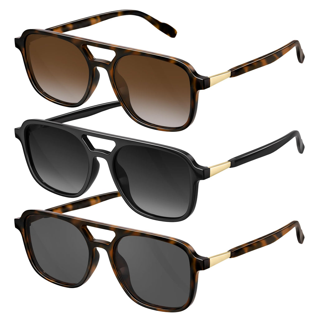 konqkin Retro Aviator Sunglasses for Women Men:Polarized Trendy Vintage 70s Rectangle Mens Womens Shades Sun Glasses UV Protection (Brown+Grey+Tigerspot,54mm)