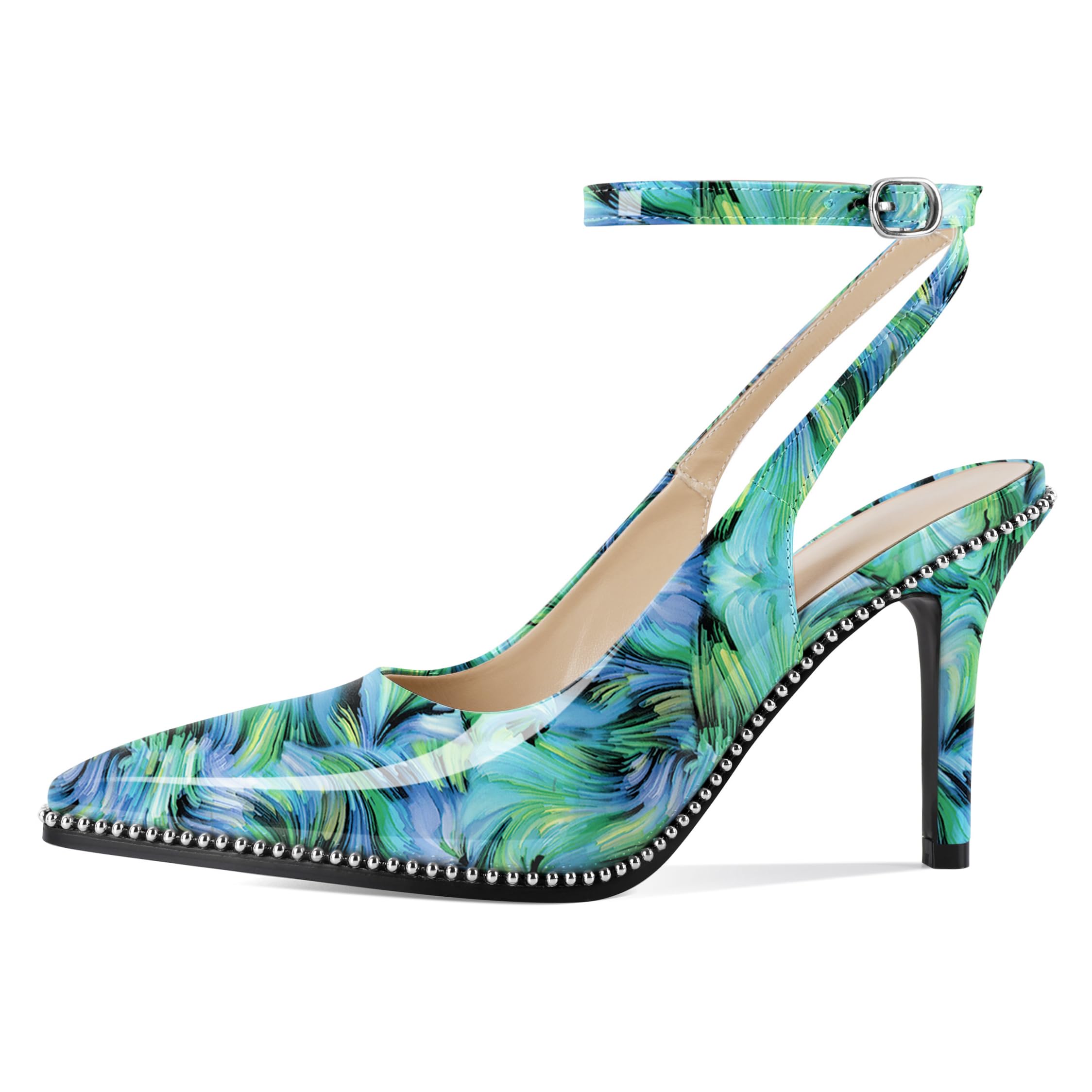 Soireelady Women Floral Green Heels Ankle Strap Slingback High Heel Beaded Pumps Stiletto Dress Shoes 3.5 Inches Floral US Size 9.5