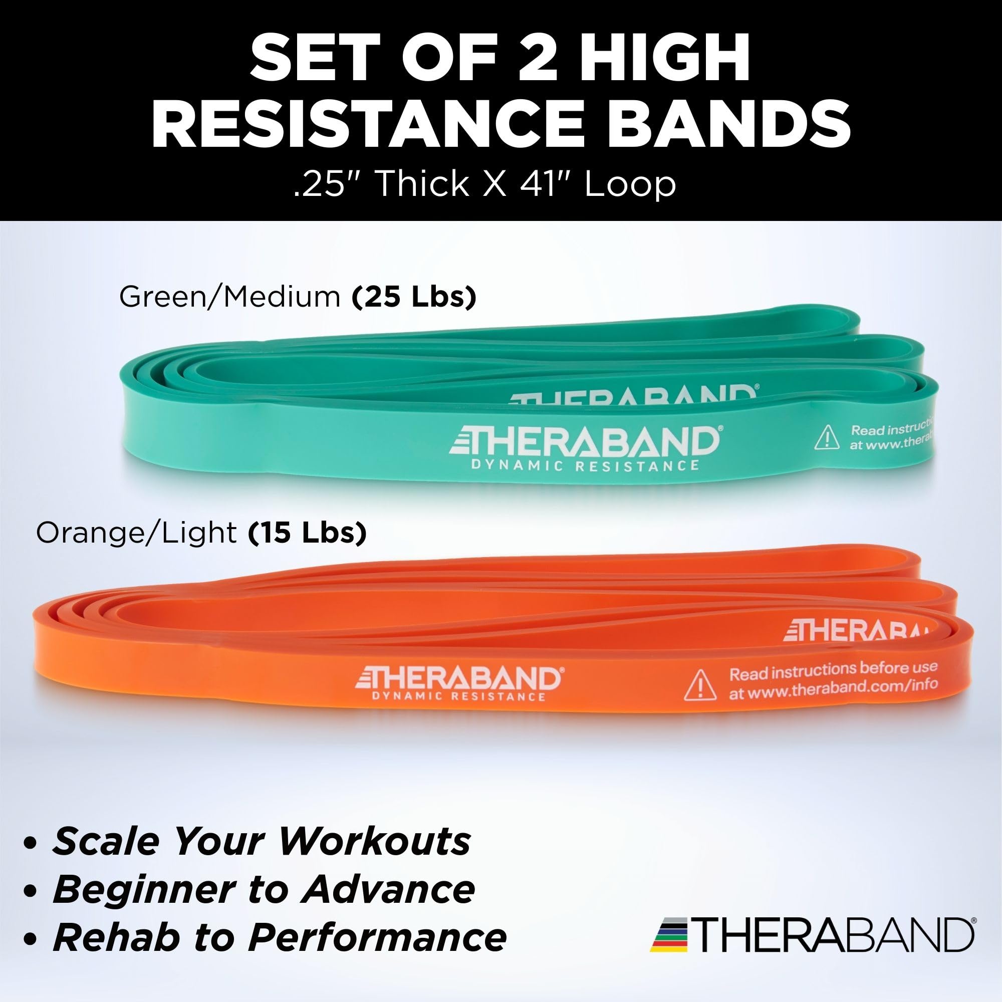 THERABAND High Resistance Bands, Set of 2 Elastic Super Bands for Improving Flexibility, Injury Rehab, & Full Body Workouts, Heavy Duty Stretch Bands for Lifting, 1 Light & 1 Medium Band
