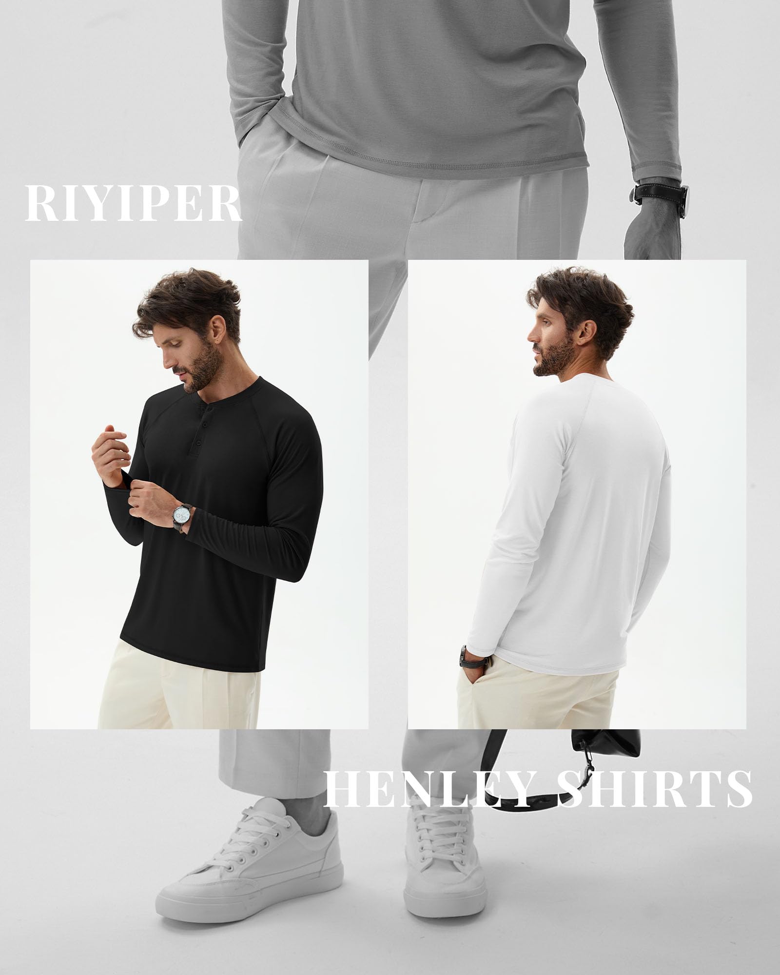 Riyiper 3 Pack Men's Big and Tall Henley Shirts Long Sleeve L-5XL Raglan Loose Casual Stretchy Tops Fall Basic Tee(Black, Gray, White,4X-Large)