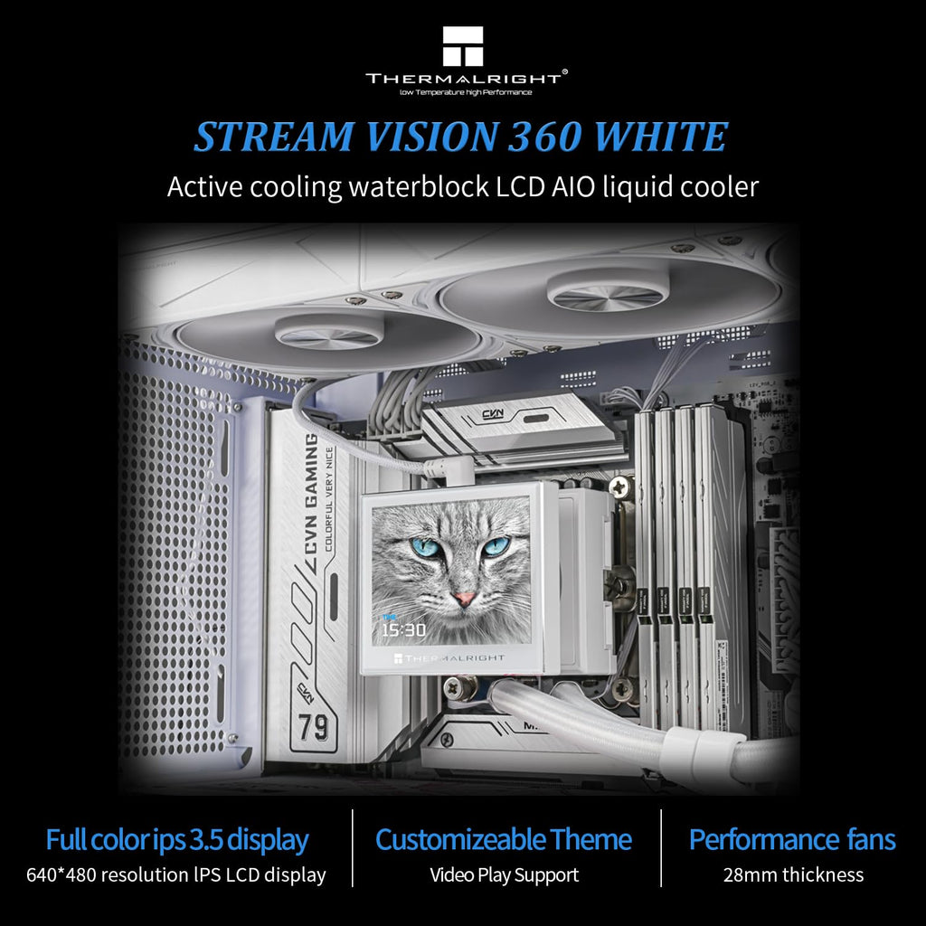 Thermalright Stream Vision 360 White-AIO Liquid Cooler,3x120mm Water Cooling,3.5in LCD Screen with Embedded Fan,for AM4/AM5,LGA1700/1851,High Performance Magnetic Cooling Head for 640x480 Resolution