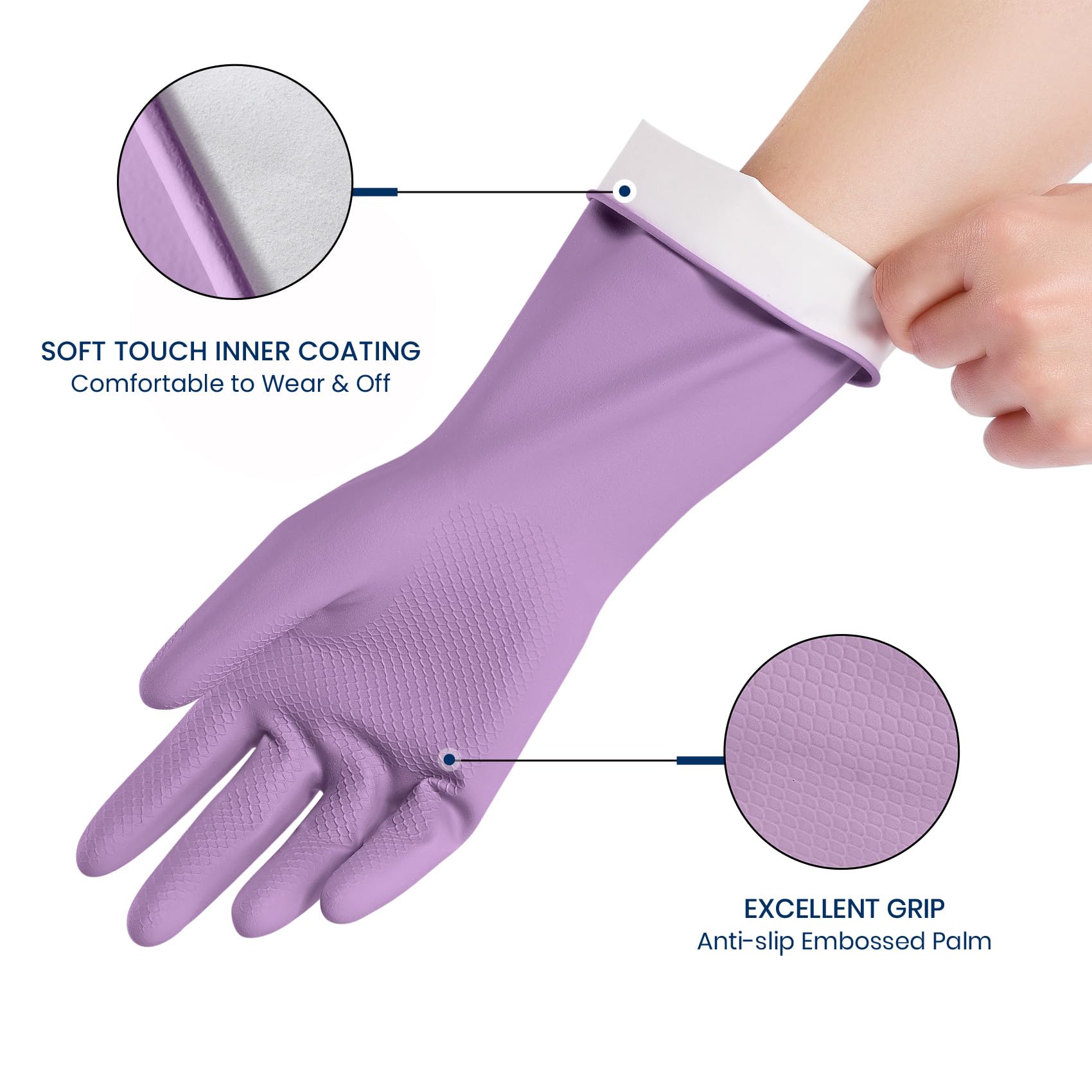 Rubber Cleaning Gloves for Dishwashing, 4 Pairs Reusable Kitchen Gloves for Washing Dishes and Household Cleaning, Colorful Dish Gloves with Flocked Lining and Non-Slip Grip, Pefect for Woman Men - L