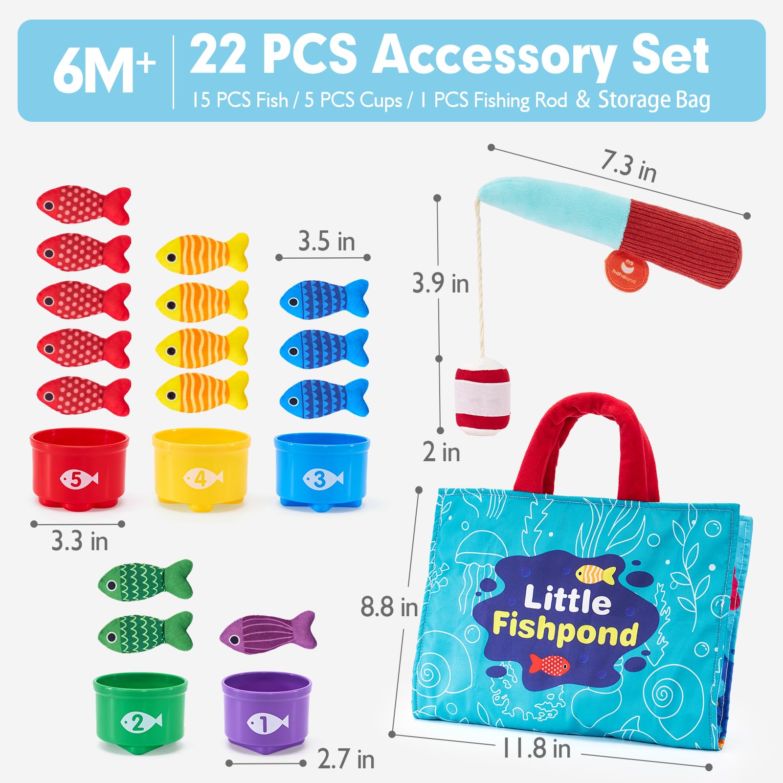 hahaland Montessori Toys for 1 Year Old Boy Girl Birthday Gift - 10 in 1 Cloth Fishing Game Valentines Day Gifts for Toddler Toys 1-3 with Stacking Cups - Number Counting, Color Sorting Learning