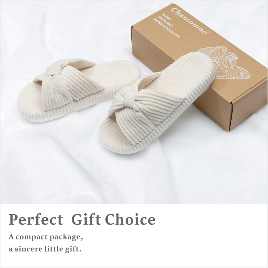 Chantomoo Slippers for Women Memory Foam House Bedroom Corduroy Bow Crossbands Slipper Shoes Comfy Trendy Gift Slippers Beige Size7 8 6.5