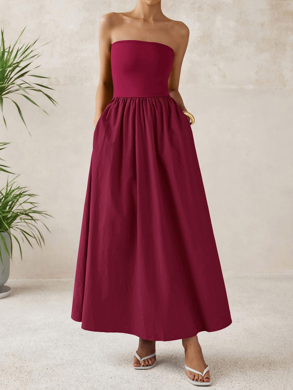 PRETTYGARDEN Women 2026 Summer Elegant Strapless Maxi Dress Tube Top Dress A Line Flowy Long Wedding Party Cocktail Dresses(Wine Red,X-Small)