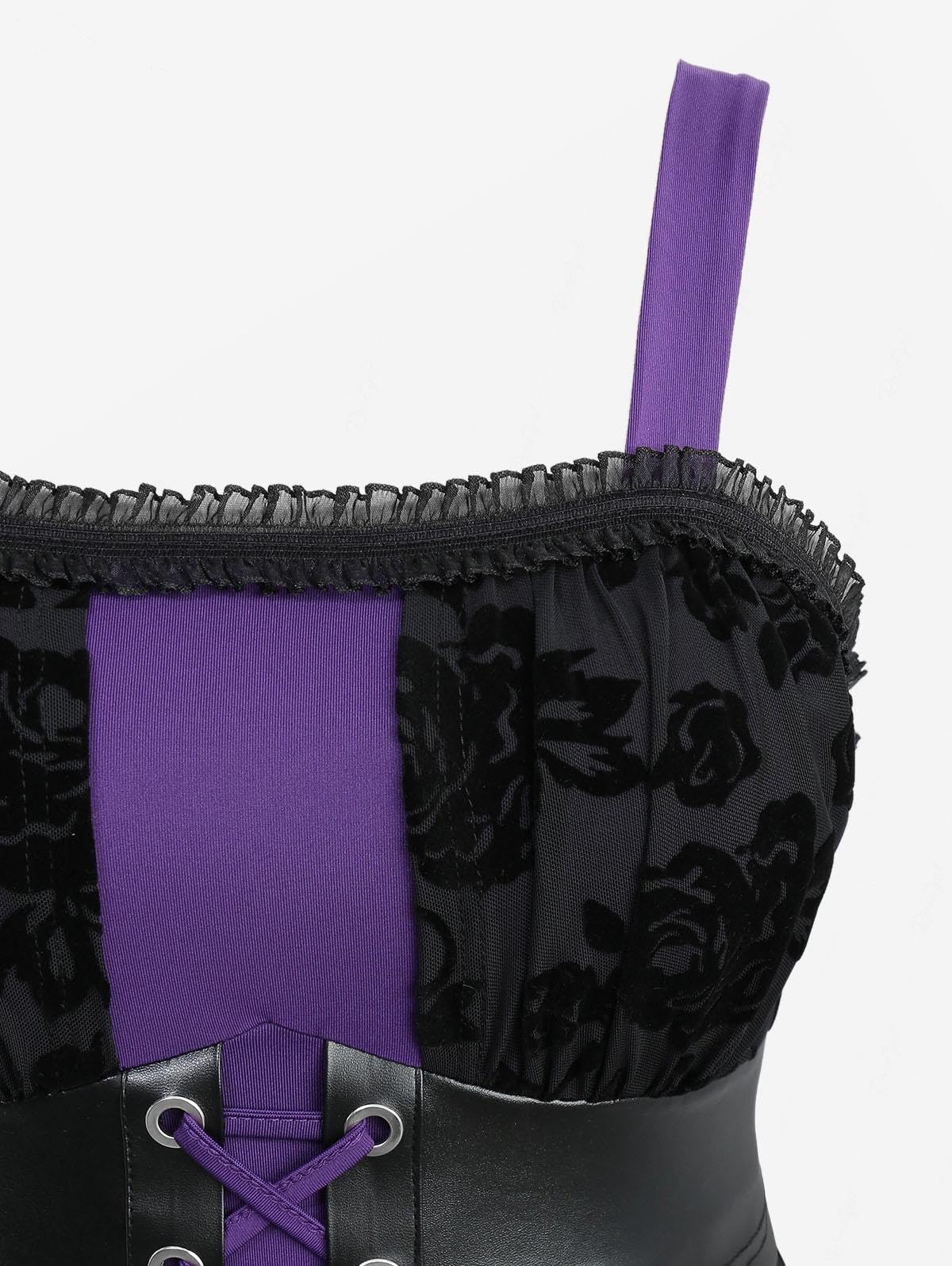 Rosegal Plus Size Women Goth Vintage Layered Handkerchief Corset Dress Ruffles Lace-up Rose Flocking Midi Gothic Halloween Witch Costume Dress(Purple_1/1X)