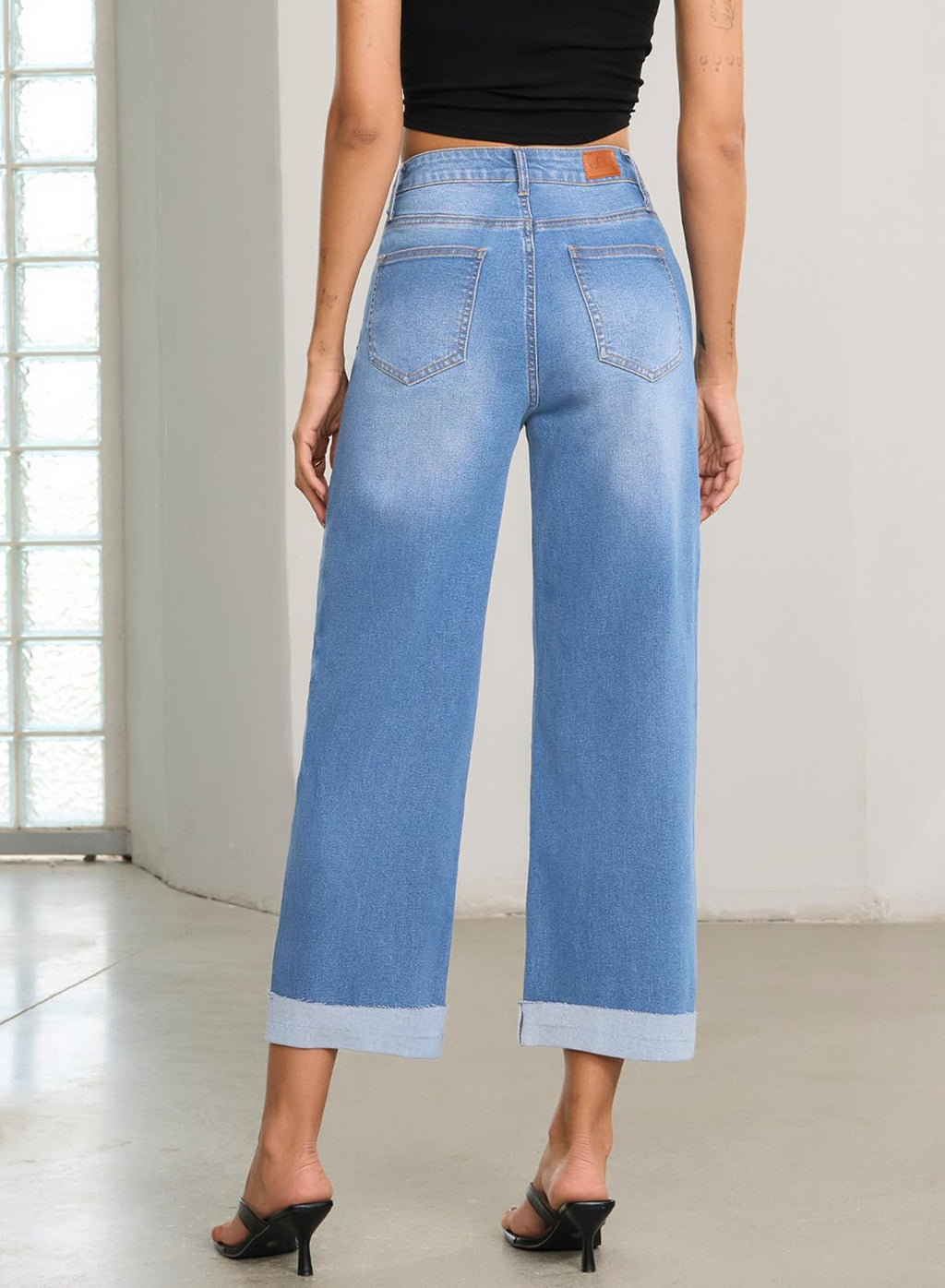 Sidefeel Women's Barrel Jeans High Waisted Wide Leg Capri Baggy Boyfriend Denim Pants Size 14 Sky Blue