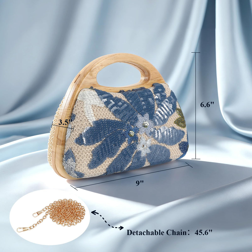 XquiziFit Blue Clutch Straw Purse Beaded Purse Woven Evening Purse Embroidered Sequined Clutch
