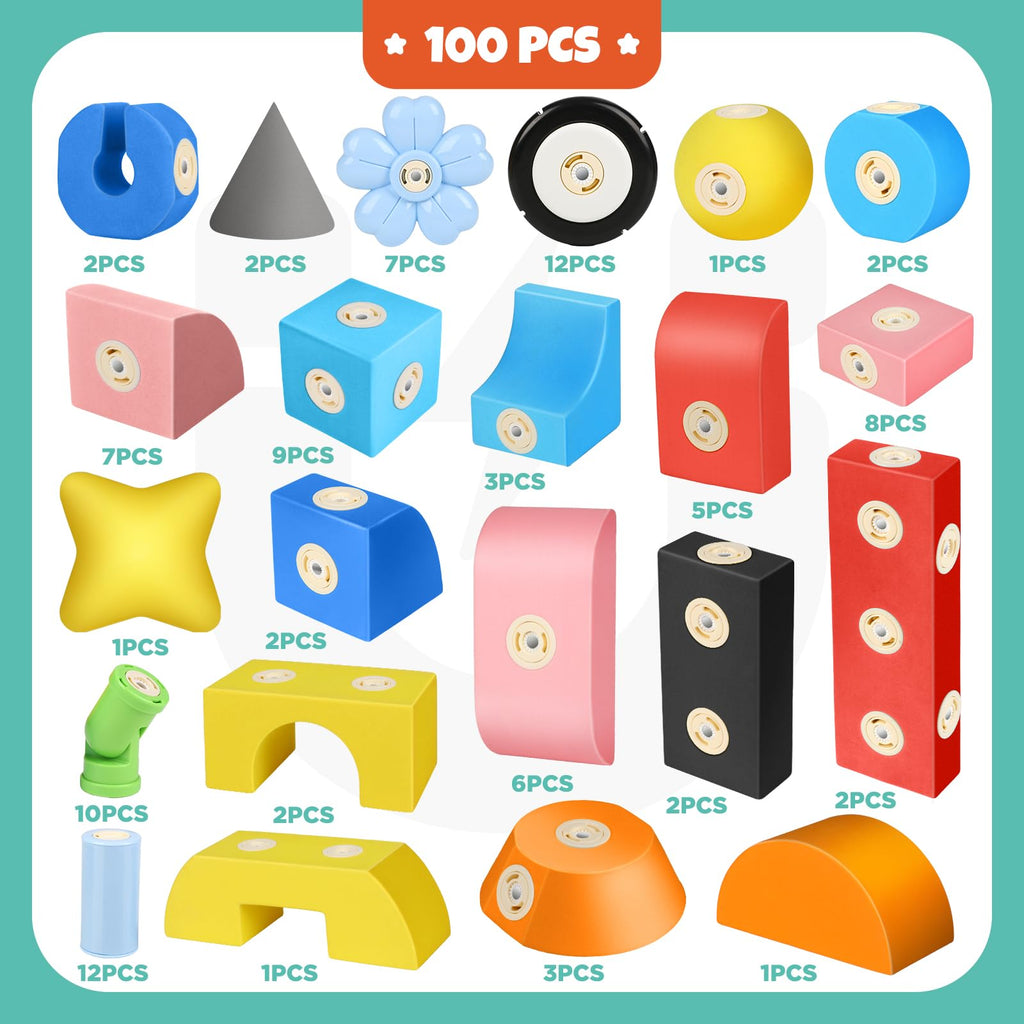 Joyfresh Foam Magnetic Blocks for Toddlers, 100pcs,Big Building Block for Kids 2 3 4 5 Years Old, Soft EVA Blocks Toys Gifts for Boys Girls