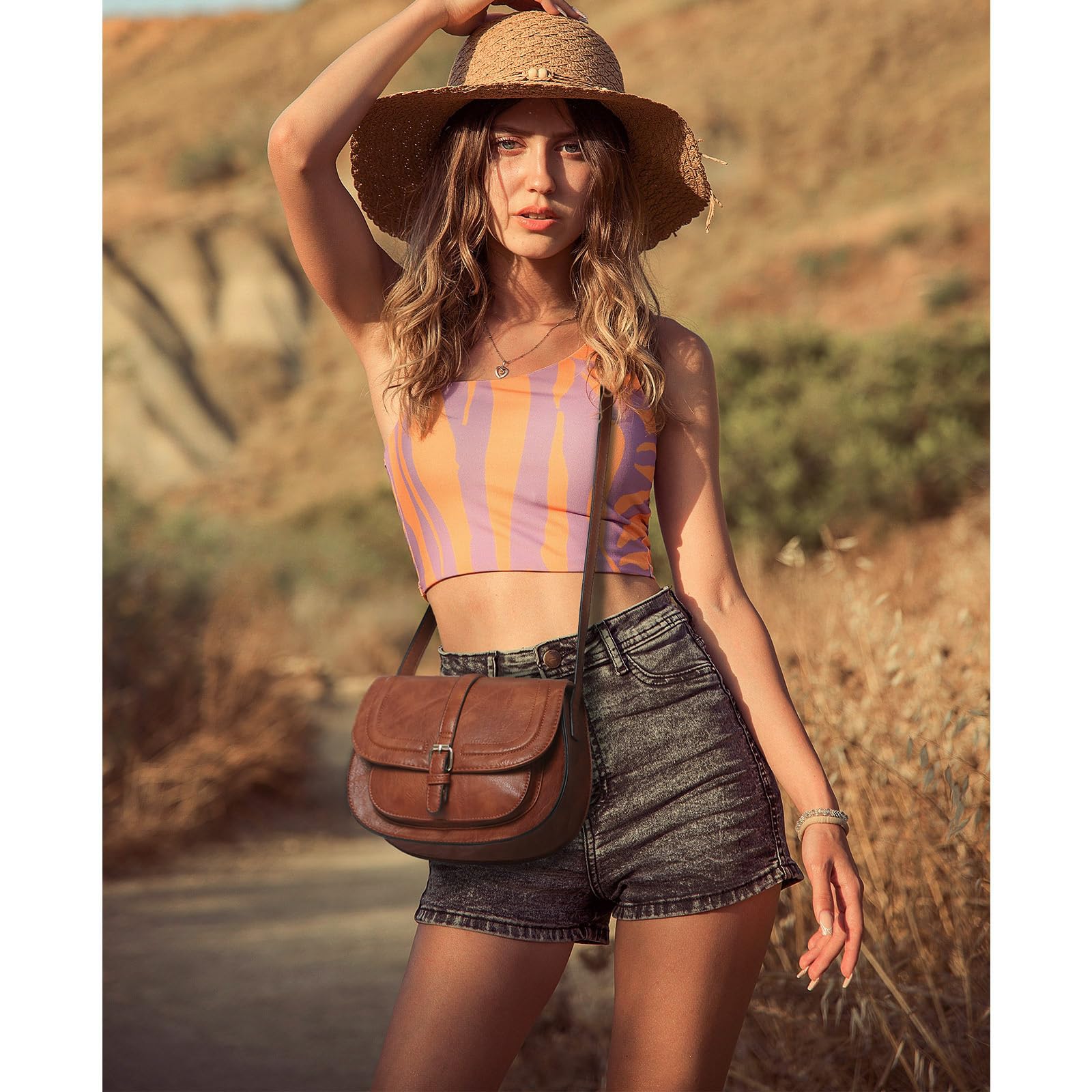 AFKOMST Crossbody Bags for Women,Small Saddle Purse and Boho Cross Body Handbags,Vegan Leather, Brown