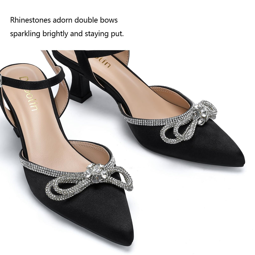 DOBOLIN Wide Width Black Kitten Heels Closed Toe Pumps for Women Rhinestone Bow Ankle Strap Wedding Bridal Party Office Daily Shoes, US Size 6