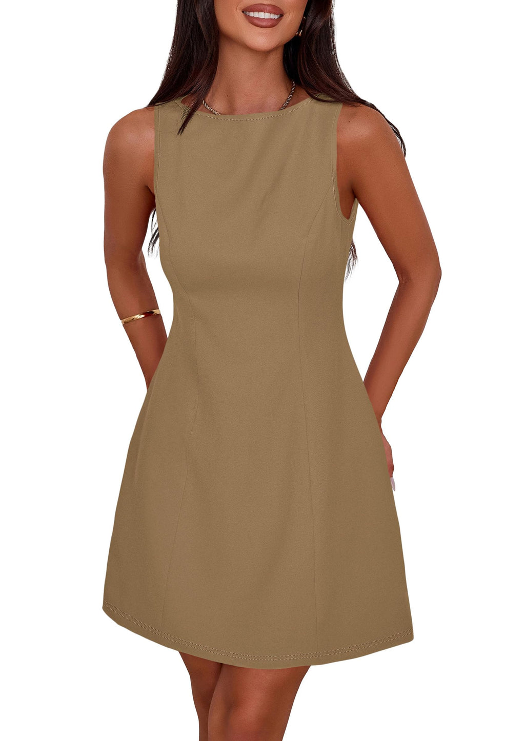 PRETTYGARDEN Womens Formal Short Dresses 2026 Summer Sleeveless Boat Neck A Line Elegant Mini Cocktail Party Dress (Dark Khaki,Small)