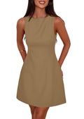 PRETTYGARDEN Womens Formal Short Dresses 2026 Summer Sleeveless Boat Neck A Line Elegant Mini Cocktail Party Dress (Dark Khaki,Small)