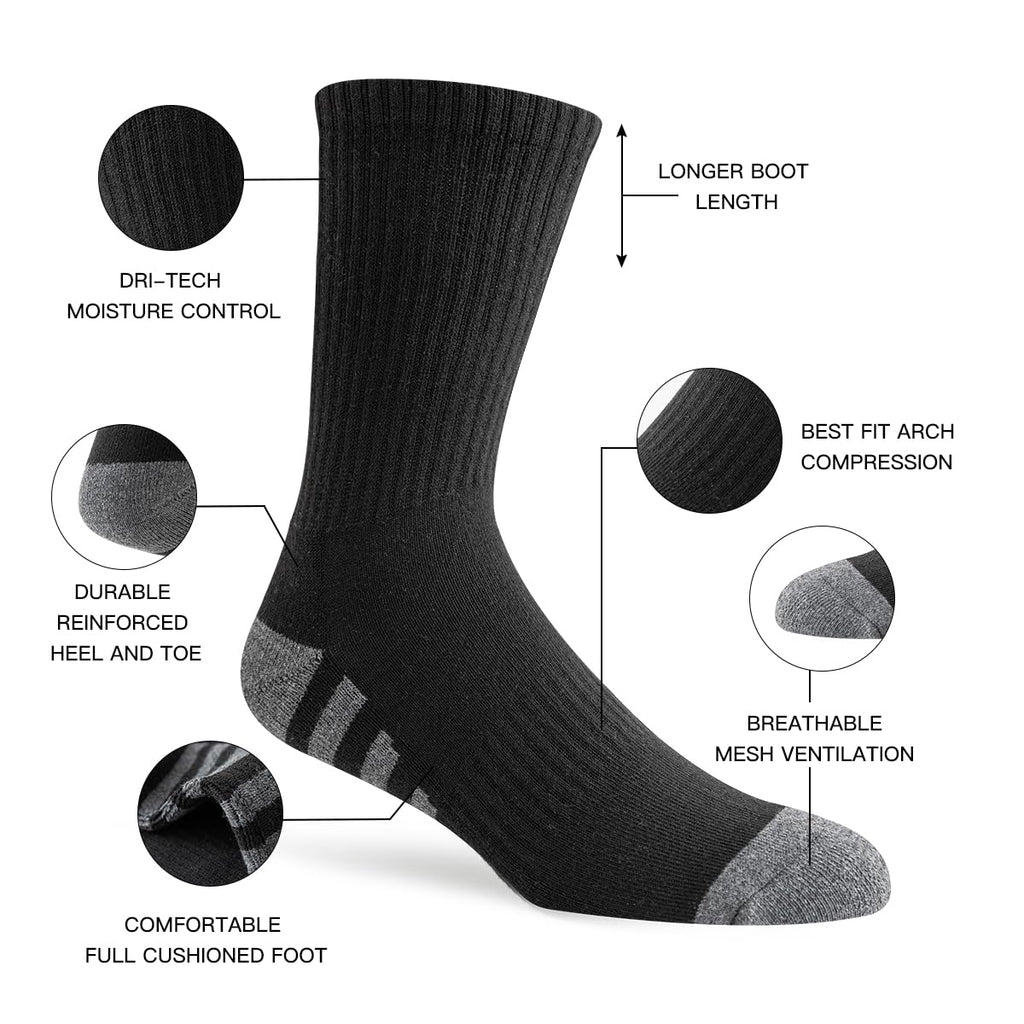 JOYNÉE 8 Pairs Mens Crew Work Cushion Socks Long Athletic Running Socks Workout Breathable Socks,Black,Sock Size:10-13