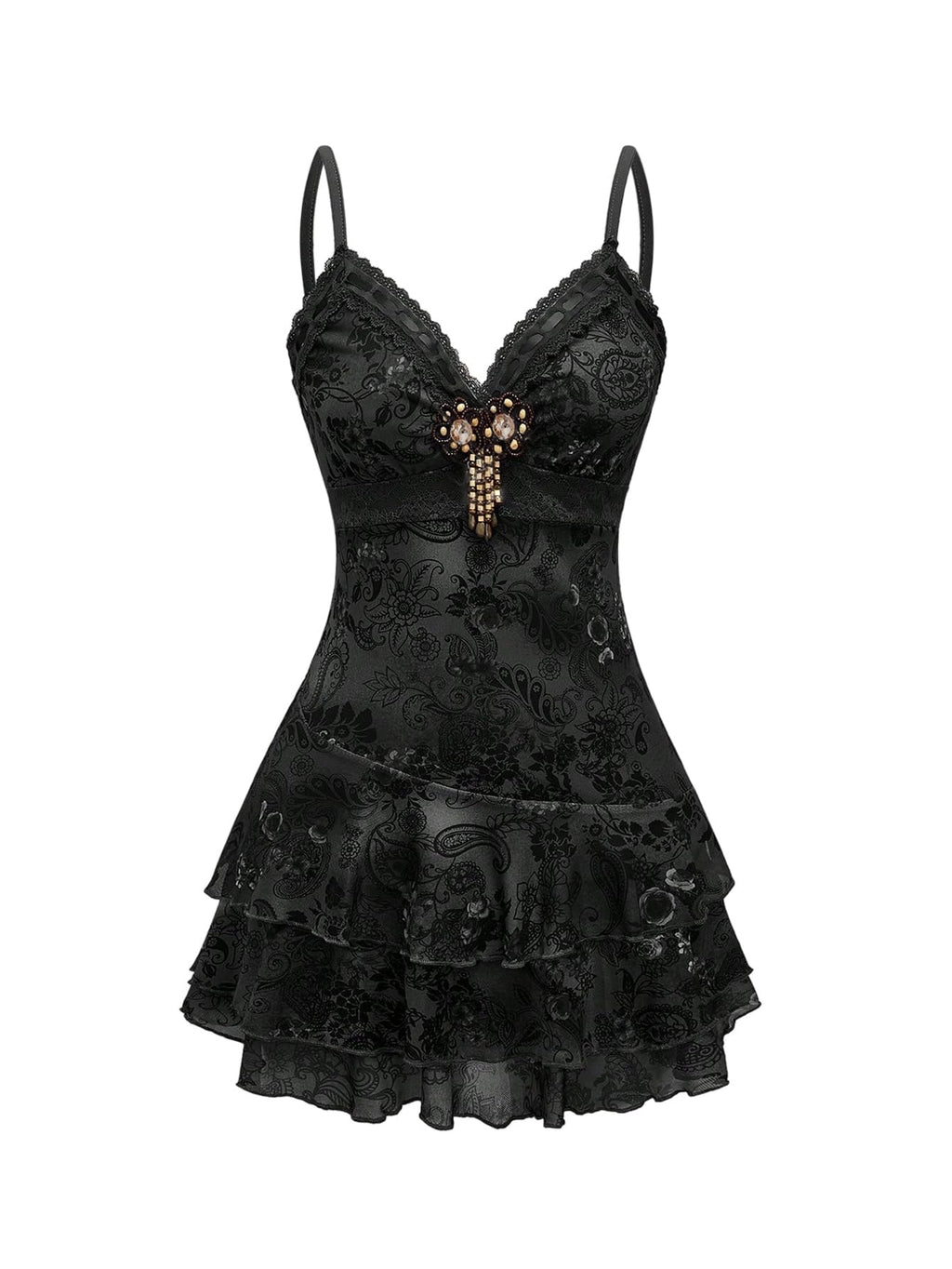 Verdusa Women's Y2k Outfits Gothic Dresses Vintage Boho Beaded Ruffle Lace Paisley Print Tiered Mini Summer Dress Black Medium