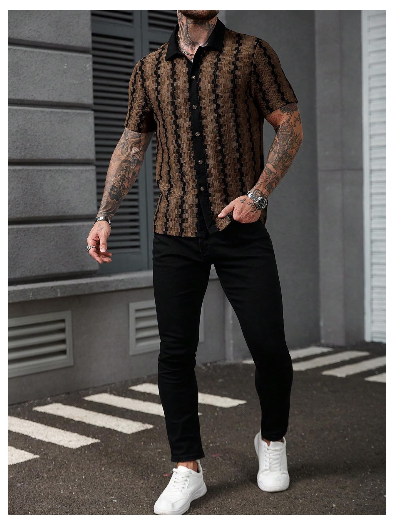 SOLY HUX Men's Summer Striped Shirts Casual Button Down Textured Short Sleeve Collared Vintage Beach Shirts Plain Coffee Brown X-Large