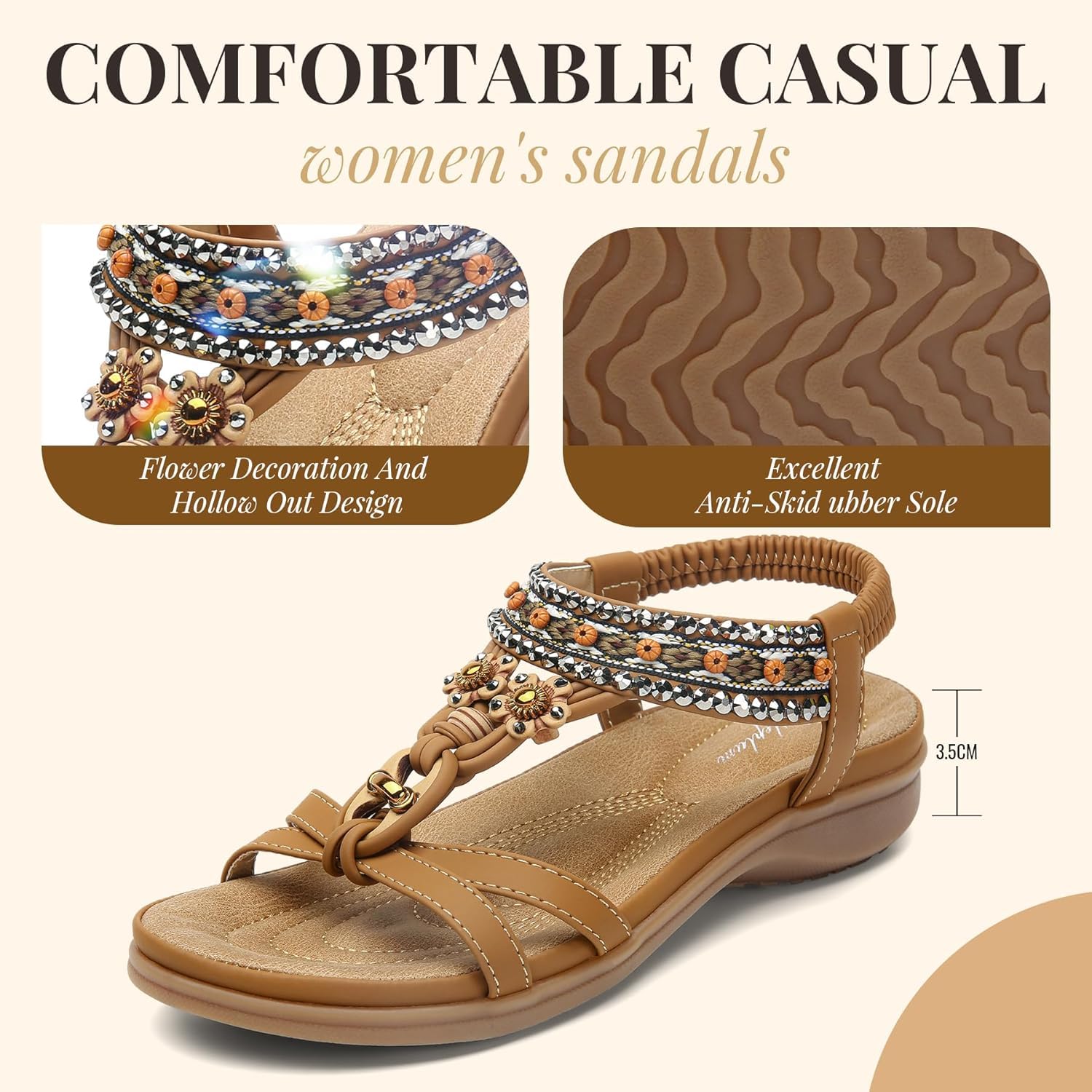 Littleplum Womens Sandals Arch Support Bohemian T-Strap Ankle Elastic Flower Rhinestone Sandals Women's Non Slip Summer Beach Flat Sandals Brown Size 8