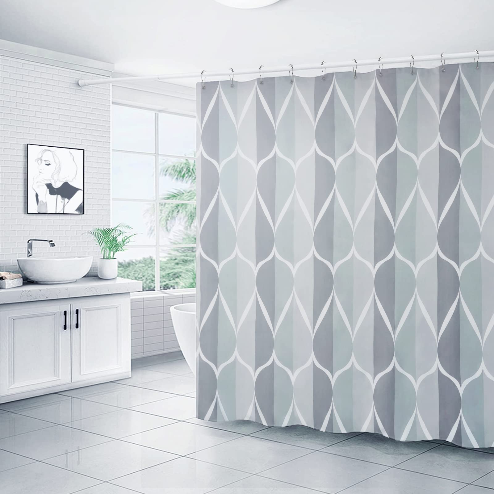 Gelbchu Grey Shower Curtain, Waterproof Design and Polyester, Quick-Drying, Weighted Hem, Shower Curtains Set for Bathroom W 72 x H 72, Machine Washable with 12 Hooks