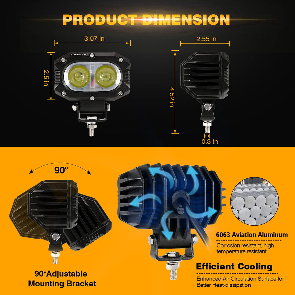 Auxbeam 4in 60W LED Pod Light for Truck, Super Bright Spot Beam 2Pcs Cube Offroad Light Bar for ATV UTV SUV Boat Jeep