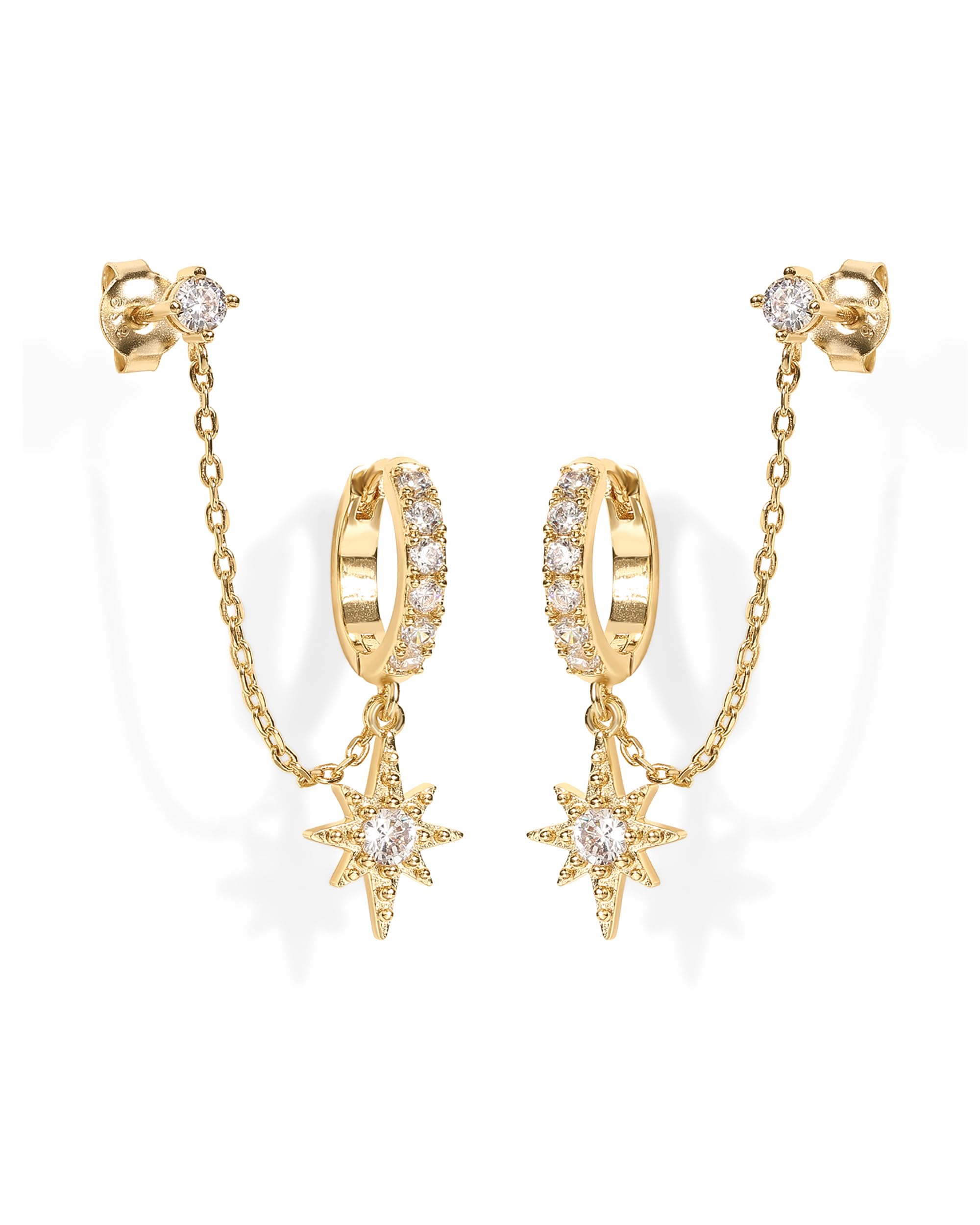 PAVOI 14K Gold Chain Earrings for Women | Double Piercing Dangle Chain Huggie Hoop Earrings | Cubic Zirconia Pearl Stud Ear Cuff Earrings for Women