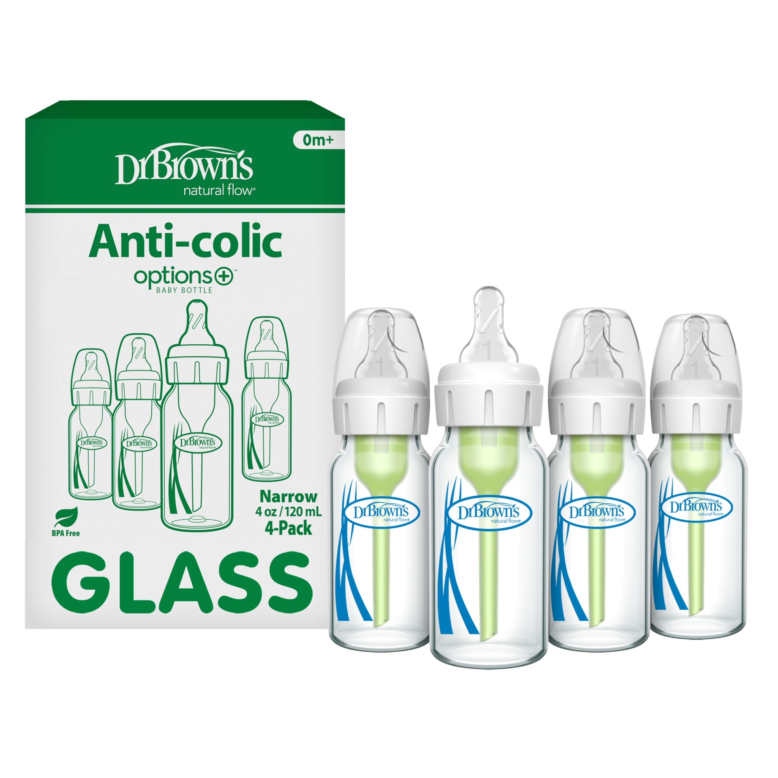 Dr. Brown's Anti-Colic Options+ Narrow Glass Baby Bottle with Level 1 Slow Flow Nipple, BPA-Free, 4 oz/120mL, 4-Pack