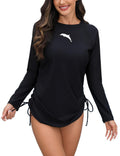 Halcurt Women's Long Sleeve Rash Guard Swim Shirt with Tie Drawstring UPF 50+ Sun Protection Swimsuit Top Jet Black M