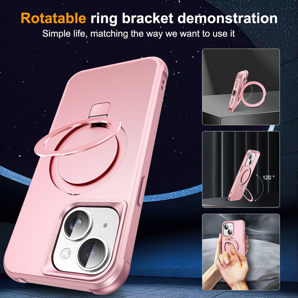 SKYLMW Compatible with iPhone 13 Case & iPhone 14 Case with Invisible Magnetic O-Ring Stand Phone Cases for 13 & 14 6.1" [Compatible with Mag-Safe][Great Grip Feeling], Rose Gold
