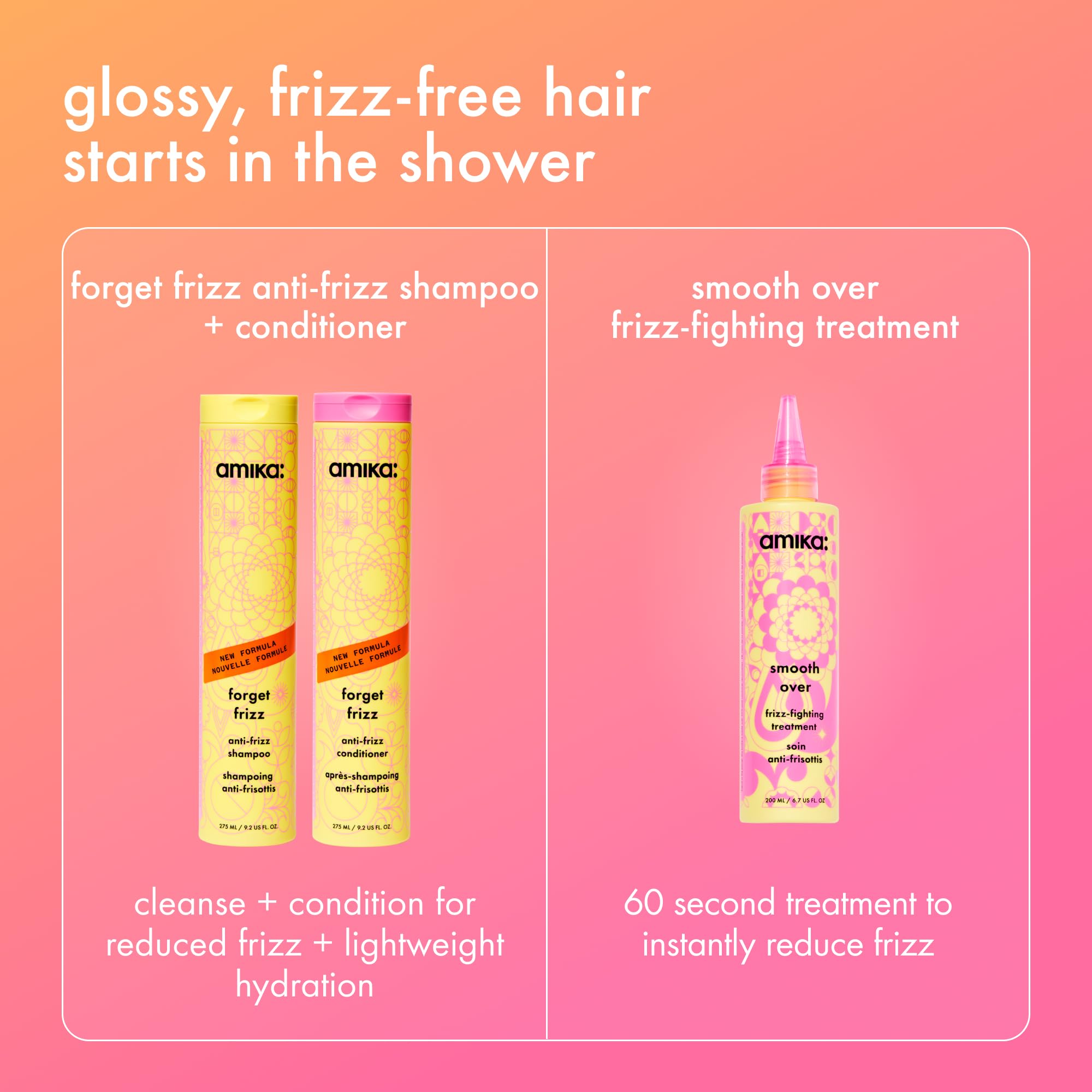 amika forget frizz anti-frizz conditioner, 275ml | smoothing, humidity protection, up to 72 hour frizz control + lightweight hydration, for medium to thick coarse hair types 2a-4c