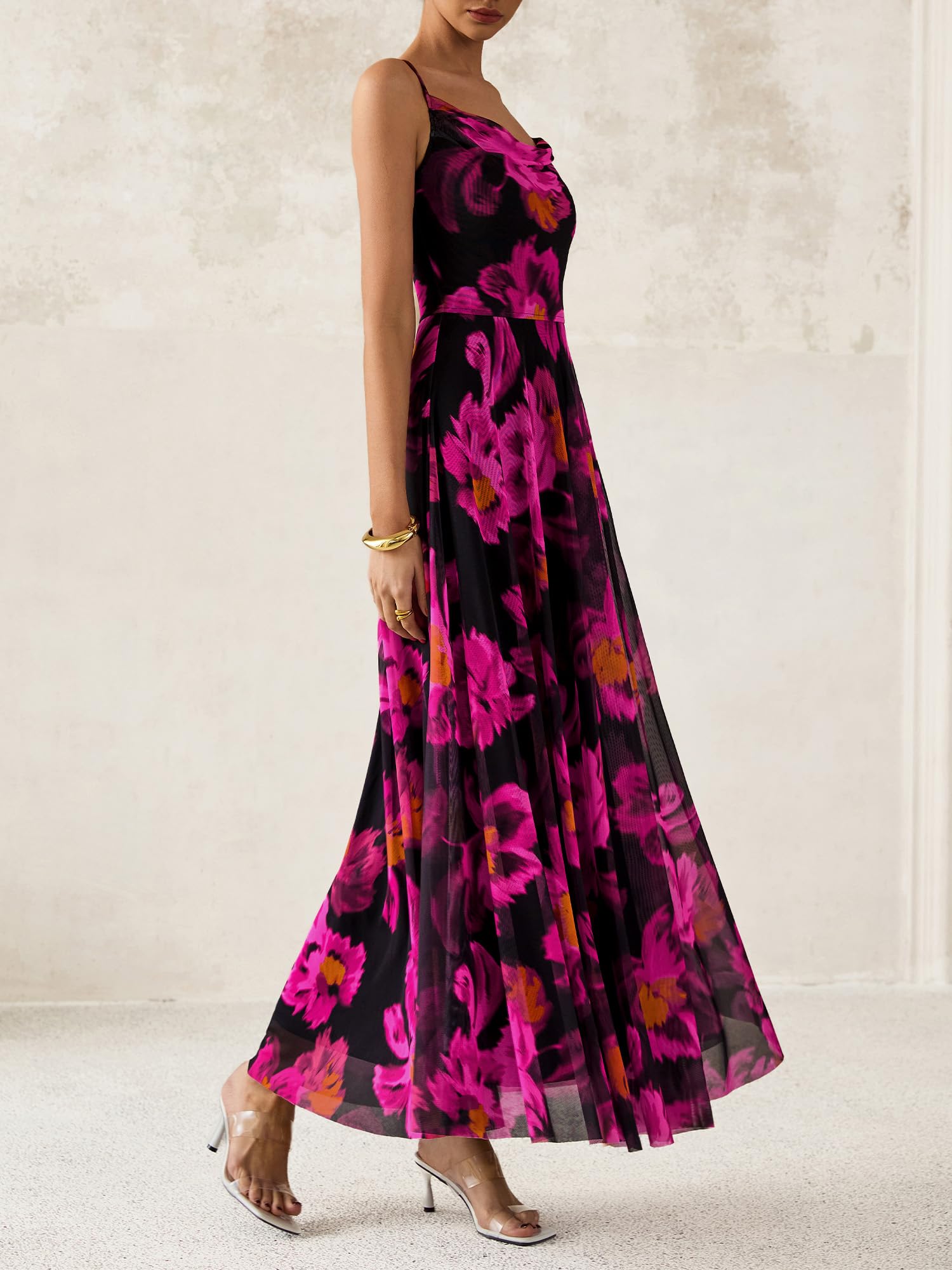 BTFBM Women Summer Floral Maxi Dresses Elegant Spaghetti Strap Dress Printed Party Dress Beach Long Dresses(Floral Black Rose Red,Large)