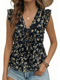 Acelitt Women's Fashion 2026 Spring Casual Ditsy Floral V Neck Ruffle Short Sleeve Babydoll Tops Bow Tie Front Flowy Blouses Shirts Black XL