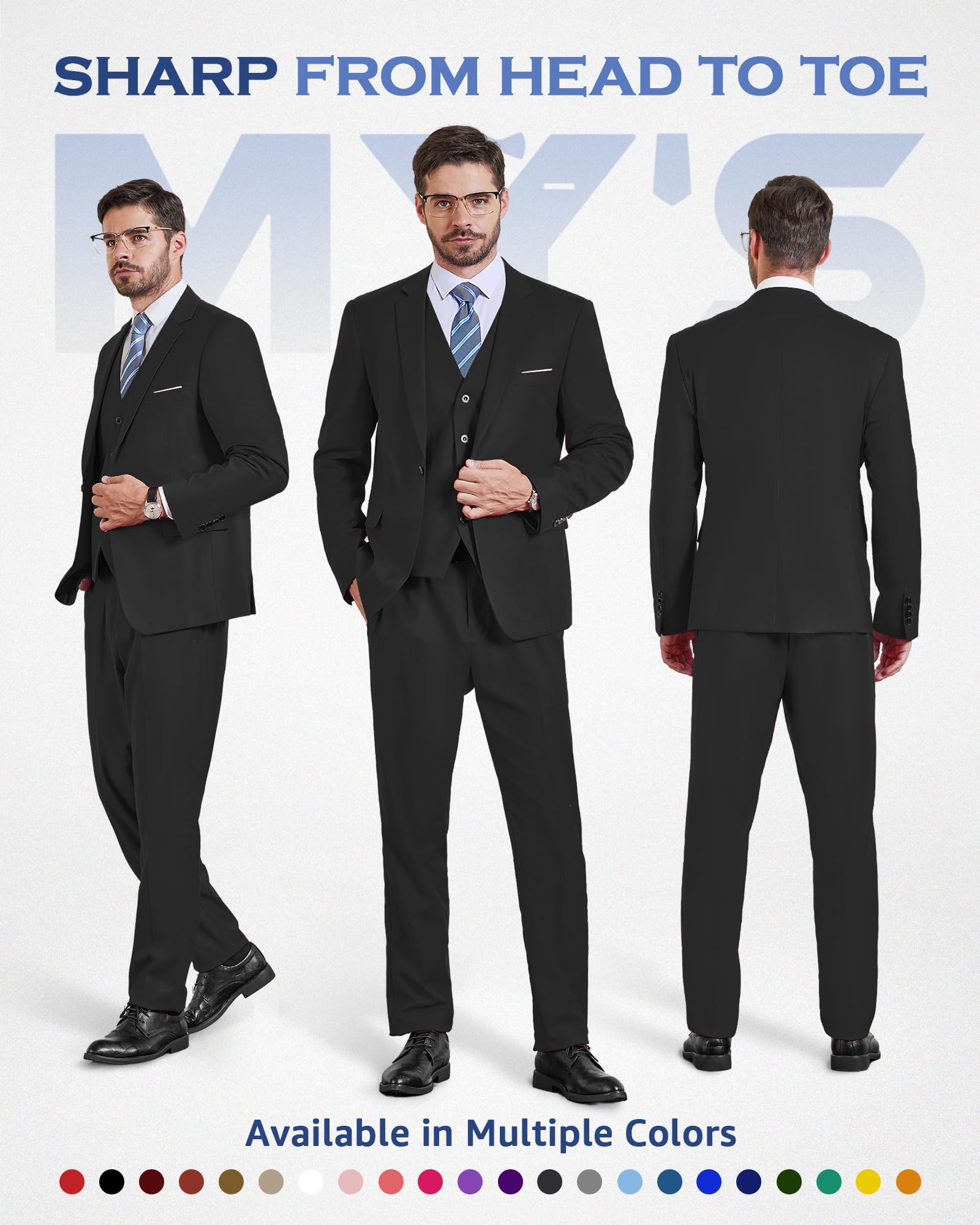 MY'S Men's 3 Piece Slim Fit Suit Set, One Button Solid Jacket Vest Pants with Tie Black