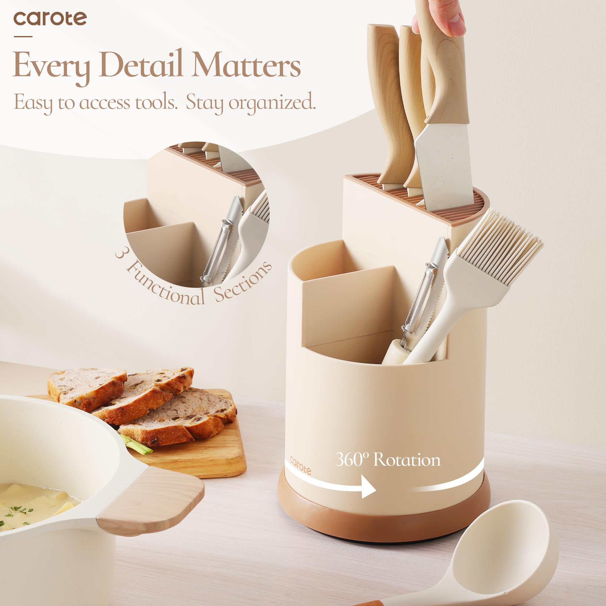 CAROTE 13Pcs Kitchen Utensils Set with 360 Rotating Knife Block, Heat Resistant Cooking Utensils with Wooden Handle, Nonstick Ceramic Surface, Cream White