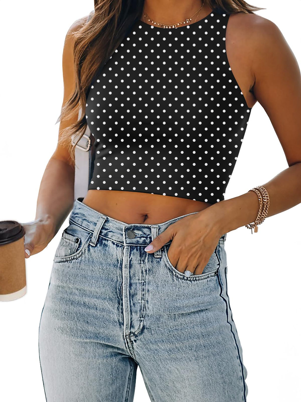 EFAN Womens Sexy Sleeveless Double Lined Crop Tops Workout Cute Tight Racerback Tank Tops Summer Clothes Teen Girls 2025 Black Dots M