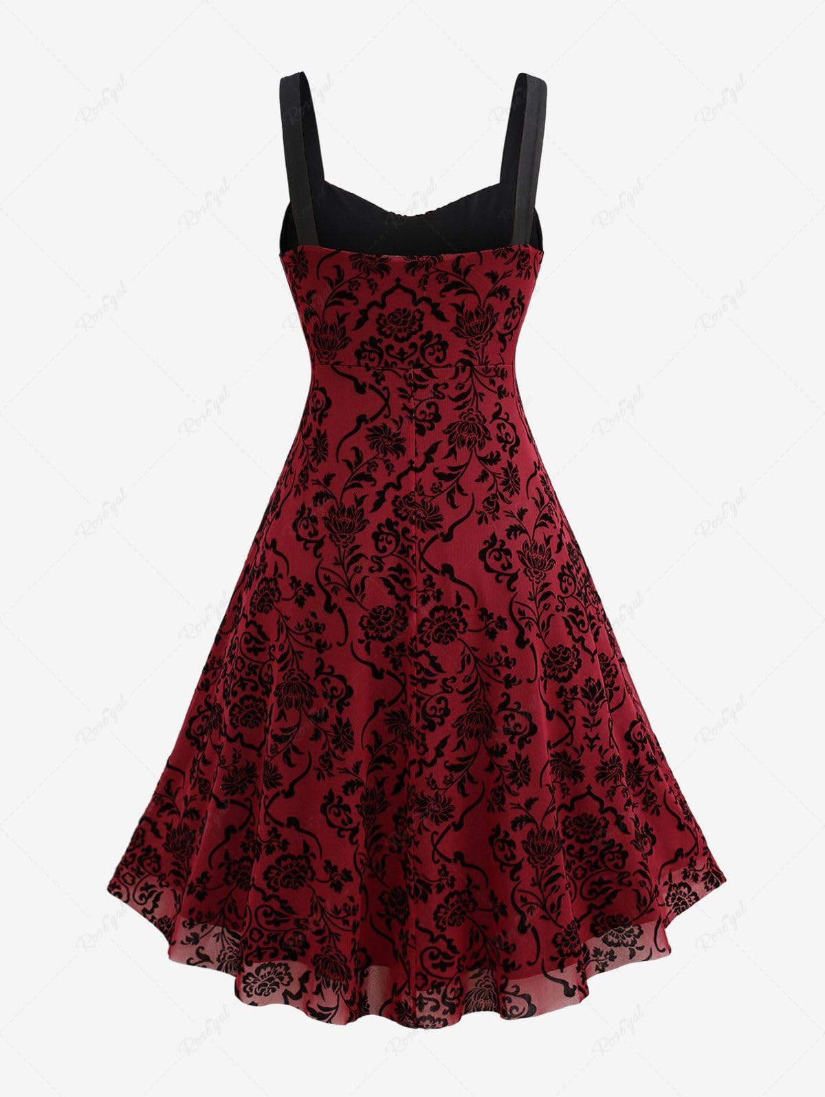 ROSE GAL Rosegal Women Plus Size Gothic Flower Midi Dress Layered Ruched Mesh Backless Vintage Dress Sleeveless Flocking Goth Dress(Red_1/1X)