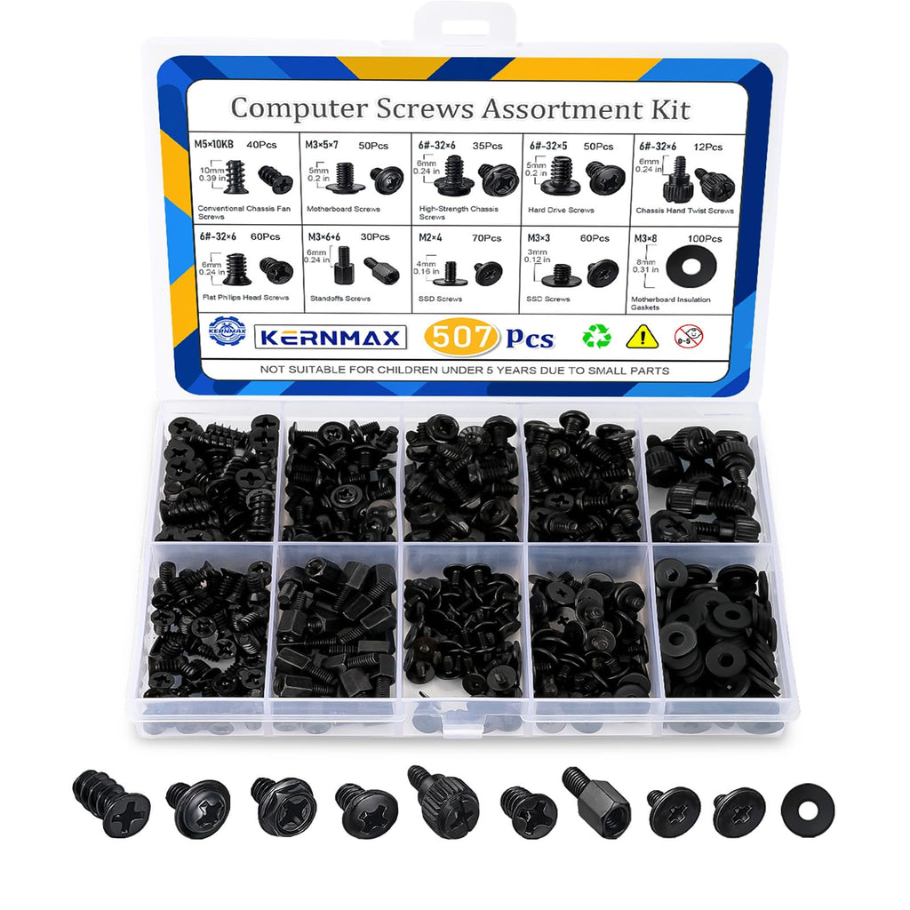 Kernmax 507Pcs Professional Computer Screws Assortment Kit, Includes Motherboard Screws, Standoffs, PC Case, SSD, Hard Drive, Fan, CD-ROM Screws, Long-Lasting for DIY PC Build and Repair