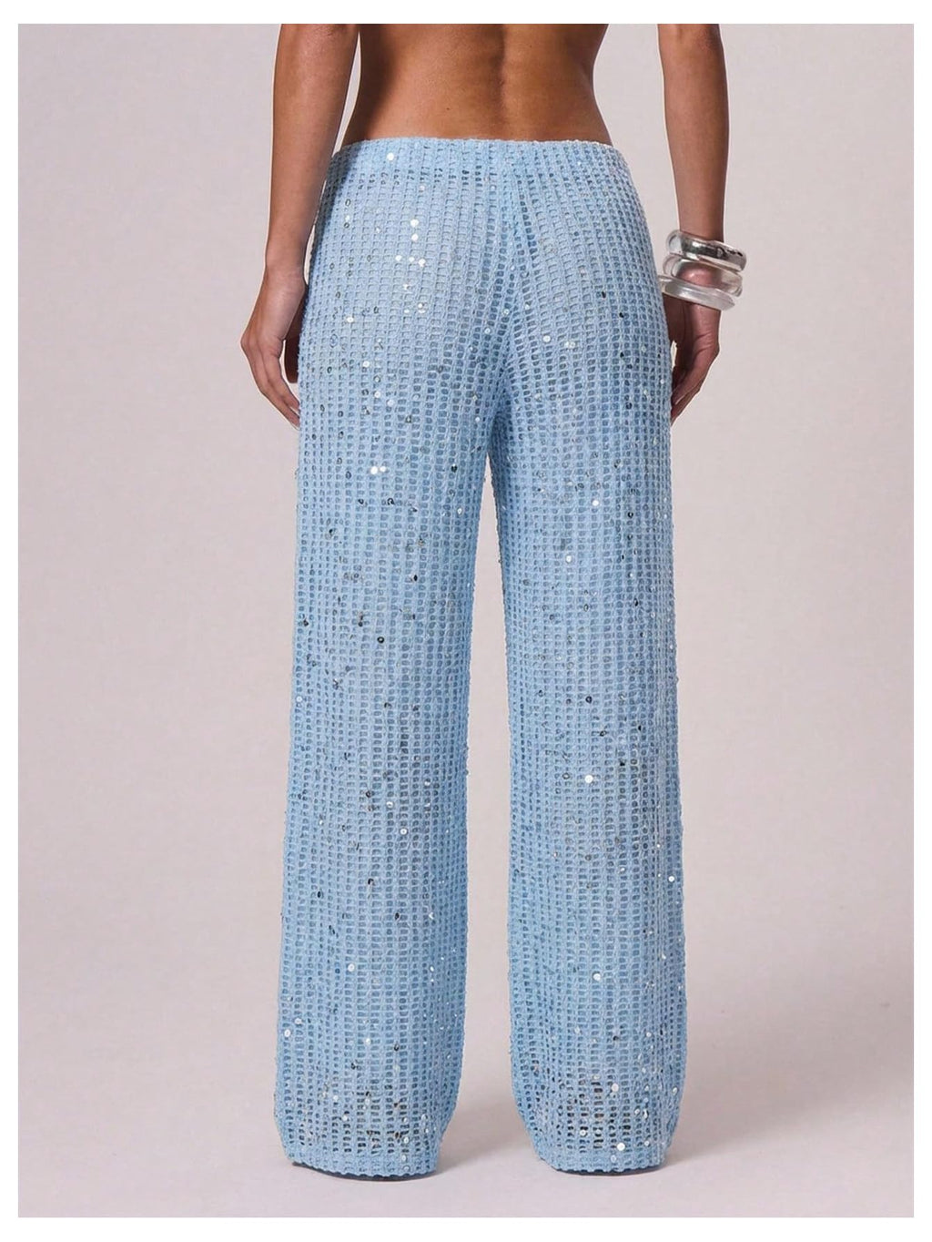 WDIRARA Women's Sequin Crochet Cover Up Pants Hollow Out Beach Pants Swimwear Light Blue Large