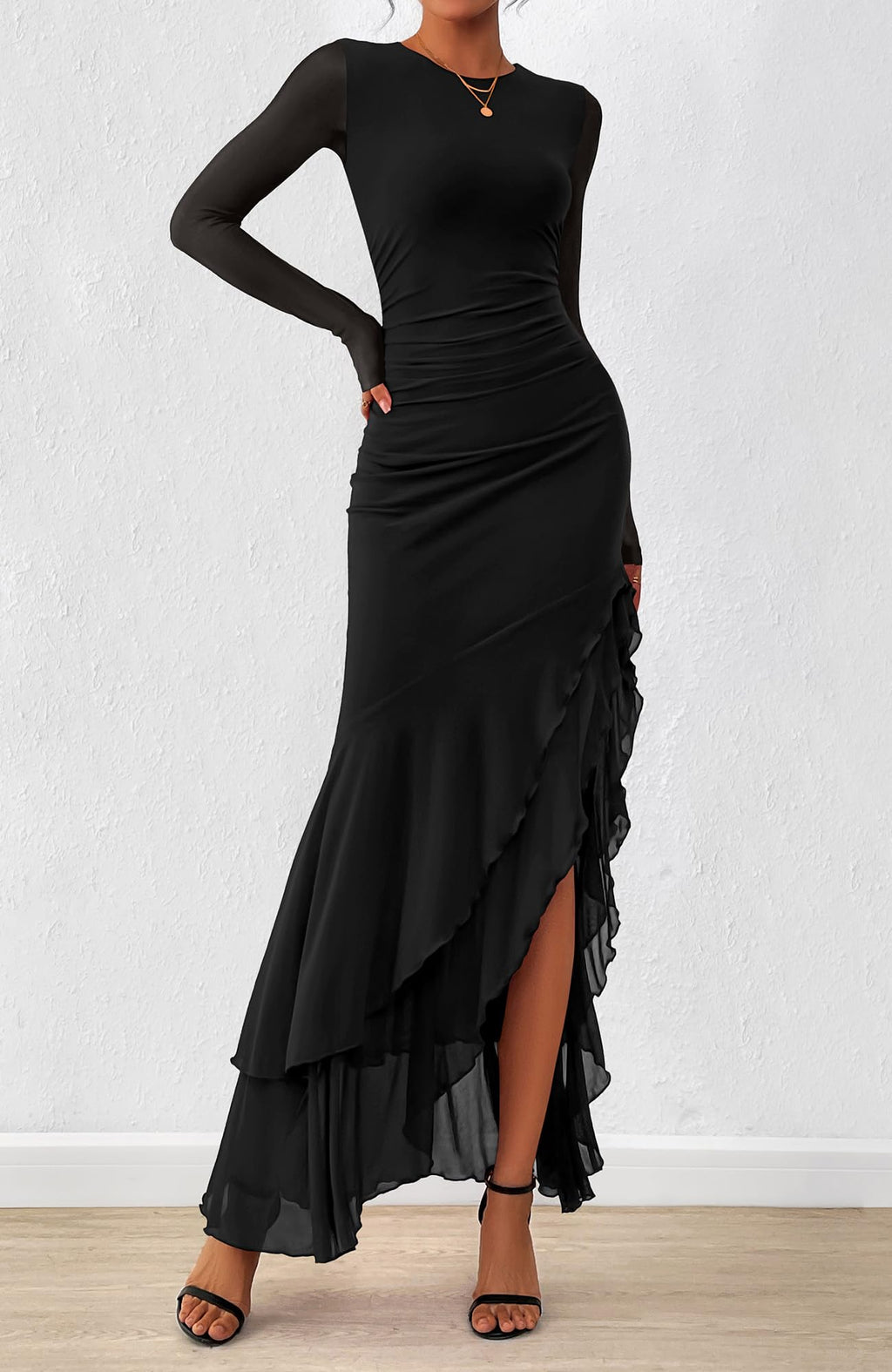 BTFBM Women's Maxi Dresses Spring 2026 Long Sleeve Ruched Bodycon Solid Ruffle Mermaid Cocktail Wedding Guest Dress(Black,Large)