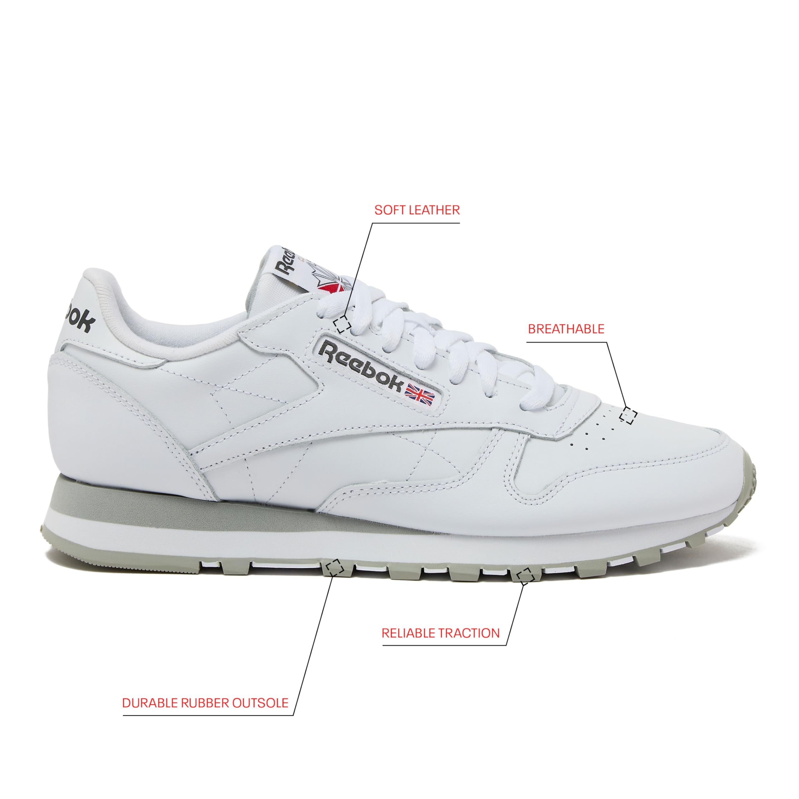 Reebok Classic Leather Sneakers for Men - Black or White Tennis Mens Shoes, Footwear White/Pure Grey3/Pure Grey, 11