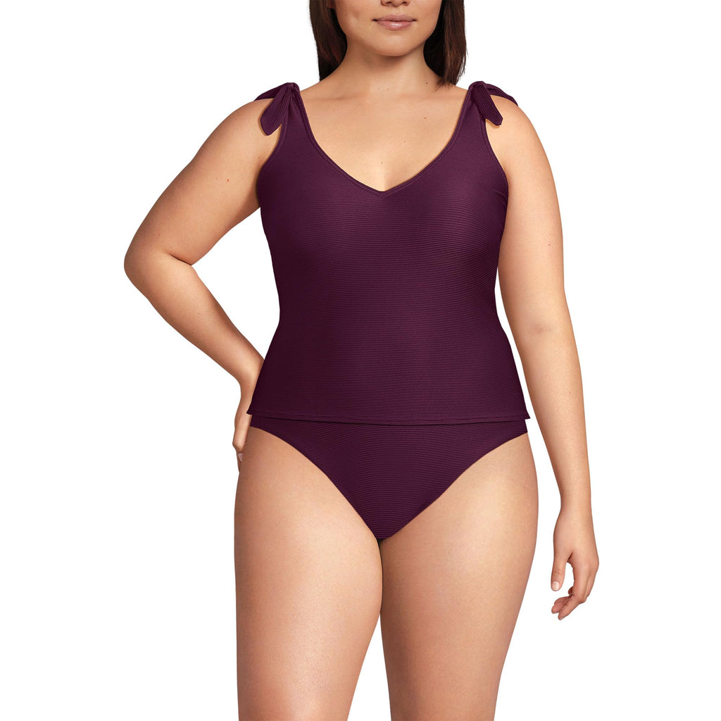 Lands' End Women's Tie Shoulder Ribbed Flutter Tankini Top 2 Dark Wine Ottoman